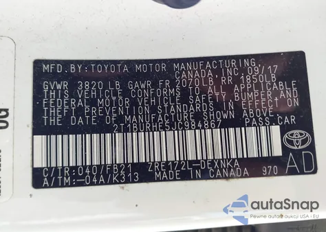 2018 Toyota Corolla Le from USA, damaged, VIN 2T1BURHE5JC984867